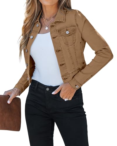 Luvamia Women's Fashion Long Sleeve Button Down Stretchy Cropped Denim Jacket - Almond Brown Size...
