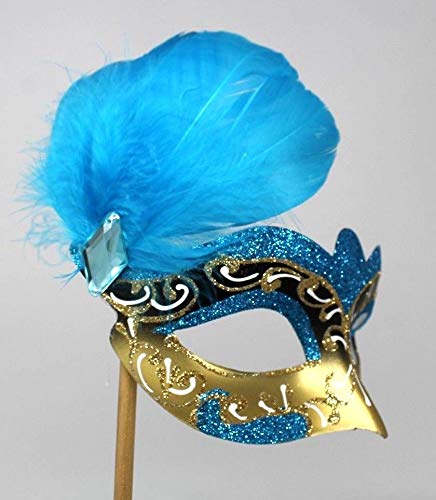 LADIES TURQUOISE WHITE & GOLD VENETIAN MASQUERADE HALLOWEEN CARNIVAL PARTY EYE BALL FEATHER MASK ON A STICK - Image 4