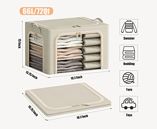 Image of 3 Opeings Large Clothes Storage Bins with Metal Frame, Foldable Storage Bin for Clothes, Clothing Storage Bins with Lid, Linen Storage Box With Clear Window& Zippers& Durable Handles.(3 Pcs,Beige,66L)