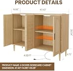 48" Rattan Sideboard Buffet Cabinet with Storage, Coffee Bar Console Table with Power Outlet, 4 Doors Accent Cabinet & Adjustable Shelves, Natural Dresser for Kitchen, Dining Room, Hallway, Natural
