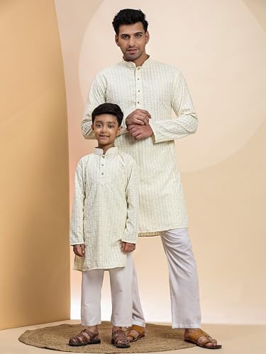 Image of Pro-Ethic Style Developer Men Silk Striped Father Son Matching Ethnic Wear Embroidery Mirror Work Kurta Pyjama Set |(Combo)B-117
