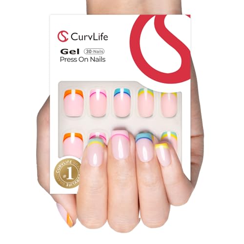 CurvLife Short Square French Tip Press On Nails, Classic Edge Colorful