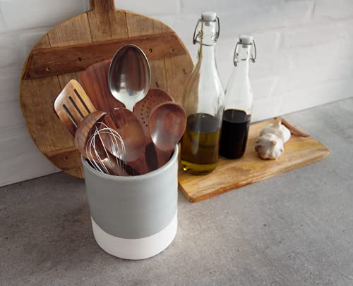 Utensil Holder – Crock - Caddy - Extra Large Ceramic Organizer For Kitchen Countertop - Modern Or Rustic Farmhouse Decor - Gray & Natural White - Jar Holds All Spatulas, Spoons & Tools #TOP2