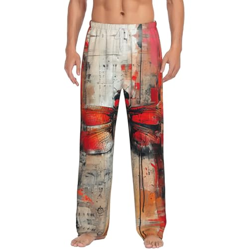 Pantalon de pyjama homme en flanelle rouge à motif libellule pour la maison
