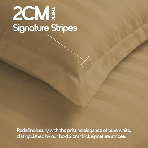 Image of LINENWALAS Cotton 300 TC Standard Size Pillow Cover | 2 cm Sateen Stripe Design | Cloud-Soft, Breathable & Skin-Safe | Oeko-TEX Certified Hotel-Style Bedding (18x28 inch, Set of 2, Beige)
