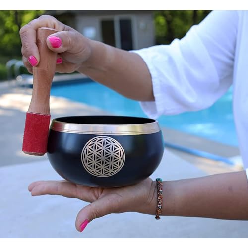 Image of The Healing Store 4 inch Singing Bowl Tibetan Buddhist Prayer Instrument With Striker Stick | OM Bell | OM Bowl | Meditation Bowl | Music Therapy (black flower)