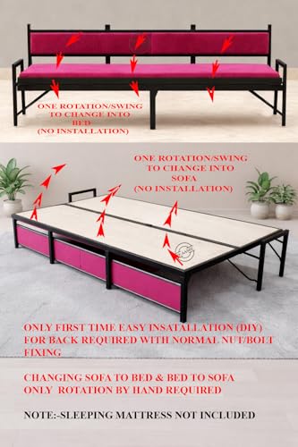 Image of Metal Frame Convertible Bed Cum Sofa, Bed(6x4 Feet), Sofa(3 Seater), Pink and Black, Space Saving Furniture | BED CUM SOFA