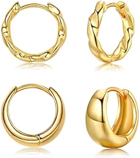 Silver Hoops Earrings for Women, 2 Pairs White Gold Chunky Twist Cartilage Huggie Hoop Earrings Set, Hypoallergenic Sterling Silver Post Small Sleeper Earring for Girls Men Gifts, 8/10mm
