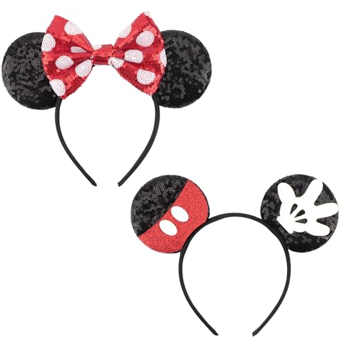 Image of DRESHOW Mouse Ears Bow Headbands Sequin Glitter Hair Band Park Ears Hair Accessories for Women Party Halloween Cosplay Costume