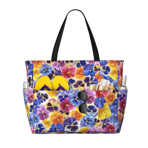 The Garden Tricolor Pansy Flower Print Large Beach Tote Bag for Women Extra Large Capacity Sandproof Waterproof Pool Bag Suitable for Swimming Pool Gym Groceries Travel