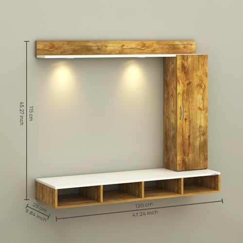 Image of Anikaa Dorex Engineered Wood Wall Mounted TV Unit with LED Lights, Storage Cabinet & Display Shelf for Living Room | Ideal for Upto 43 Inch TV- Giantwood /White(DIY Installation)