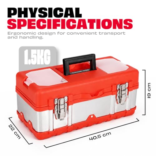 Image of JPT 17-Inch Metal Tool Box, Transparent Top Organizer, Removable Tray | 17 Inches Heavy-Duty Metal Body Transparent Lid Organizer Removable Organizer Tray Heavy-Duty Metal Hinges Locking Latch