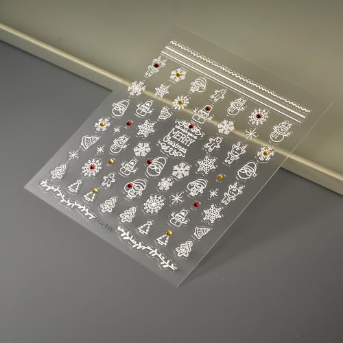 Image of Snowflake Snowman Nail Decals - 5D Embossed Self Adhesive Rhinestone Christmas Tree Stickers for Nail Art Designs - Christmas Supplies