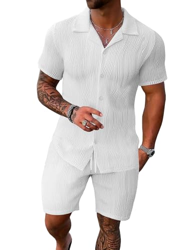 UOUA Summer Outfits for Men 2 Piece Short Sleeve Button Down Shirt & Shorts Set Casual Vacation Beach Tracksuit