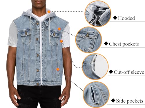 Heihuohua Men's Hooded Denim Vest Classic Stretchy Trucker Sleeveless Jean Jacket3