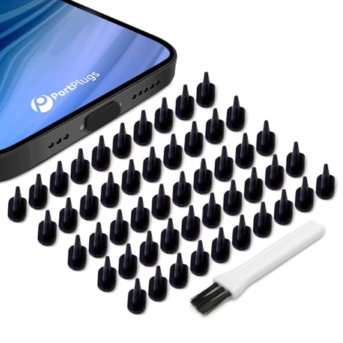 PortPlugs Dust Plugs for iPhone Compatible with Lightning Port Low Profile with Cleaning Brush Keeps Charging Port Clean from Dust Lint Fits iPhone 14 to 7 iPad AirPods | Black (50 Pack)