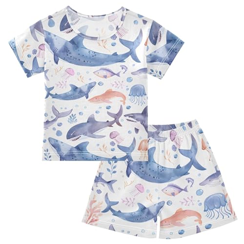 ALAZA Shark Fish Jellyfish Pajamas Short Sleeve 2 Piece Sleepwear Top and Bottom Pajama Set Unisex