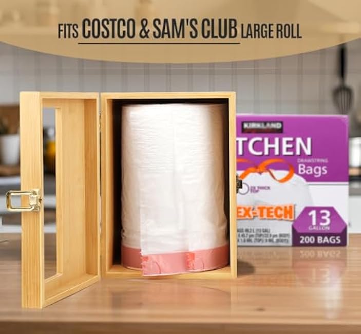 Extra Large Bamboo Trash Bag Dispenser Holder for Tall Kitchen Bags, Fits Costco Jumbo Rolls, 13¨C33 Gallon Garbage Bag Organizer for Pantry, Under Sink/Wall/Cabinet/Freestanding Mount