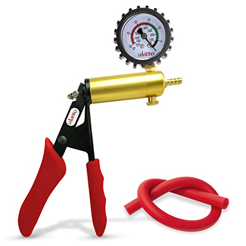 LeLuv Ultima Red Vacuum Pump - Aluminum Alloy &amp; Brass Handle Manual Hand Vacuum (0-30 Hg, 0-760 mmHg), Gauge Installed with Protective Rubber Cover, Silicone Padded Grips with Silicone Hose