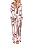 Imily Bela Women's Striped Pajama Set Long Sleeve Button Down Sleepwear 2 Piece Satin Silk Loungewear Red, Medium