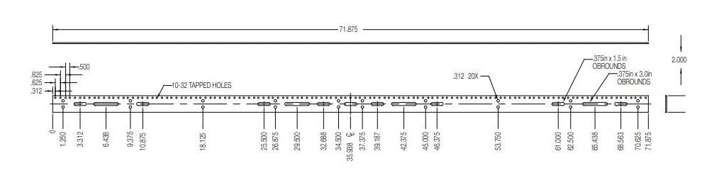 Lowell GBB-72 Copper Grounding Bus Bar; 72 Inches Long, 2 Inches Wide; 0.125-Inch Solid Copper; 10-32 Tapped Holes on E.I.A. Spacing along 1 Side; Lacing Slots and Tie-Down Points