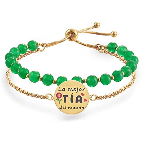 LParkin Doble Cuenta Pulsera Regalos la mejor Tía del mundo, Pulsera Personalizada Mujer Acero Inoxidable Ajustable, Regalo Cumpleaños Original, Oro