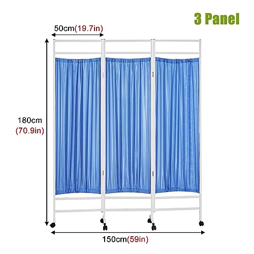 Medical Privacy Screen Portable, 3/4/5/6 Panel Indoor Temporary Room Partition Wall Fencing with Wheels, for Hospital/Clinic/Ward, Metal Iron Frame (Color : Blue, Size : 3 Panel-150cm Wide)