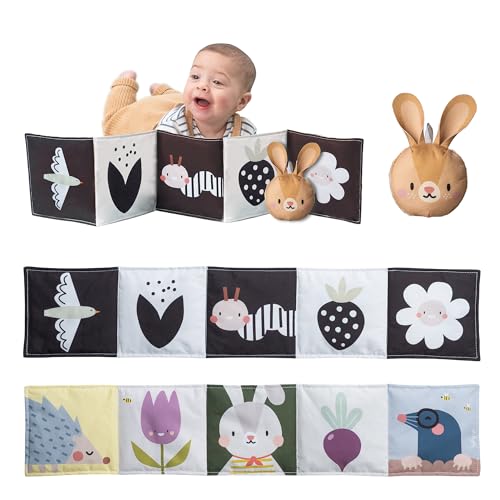 Taf Toys Bunny Pram Book & Toy Set | High Contrast Black & White Infant Visual Stimulation | Soft Fabric for Newborn Cognitive Development | Baby Essential Montessori Toy for 0-6 Months