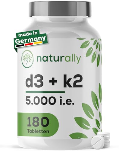 naturally Vitamin D3 K2 Tabletten [180 Stück] – hochdosiert, 5000 I.E. Vitamin D mit Vitamin K2 pro Tablette, vegan, ohne Zusätze