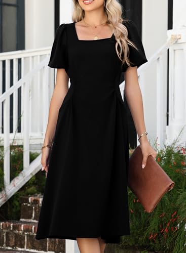 Image of Happy Sailed Women's Summer Short Sleeve Square Neck Ruched Waist Flowy A Line Midi Cocktail Party Dress