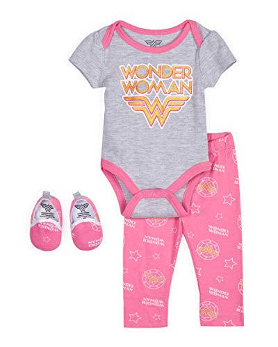 Wonder Woman Baby Infant Newborn Girls Short Sleeve Onesies Bodysuit Pants and Shoes Set (Grey/Pink,3-6 Months)