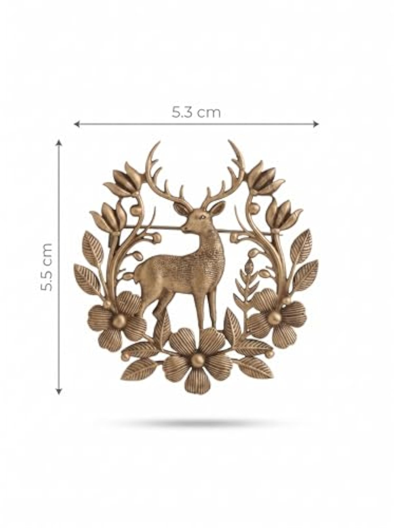 Van-Raja Stag Brooch, Antique Gold Deer in Floral Wreath