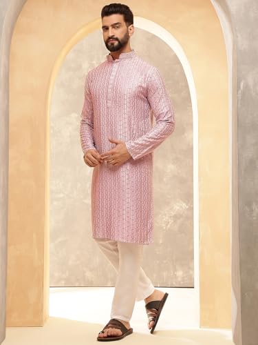 Sojanya (Since 1958 Men'S Cotton Rayon Shiny Thread Sequinned Kurta With White Pyjama3