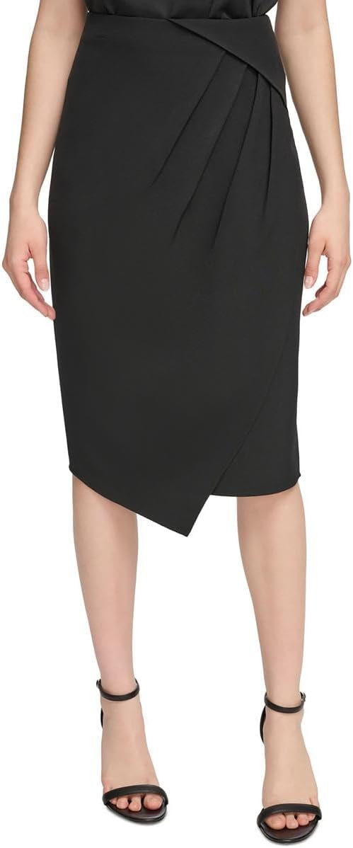 Calvin Klein Womens Pleated Knee Length Wrap Skirt Black 10