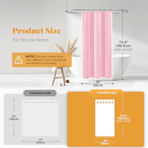 Image of BTTN Boho Shower Stall Curtain - 36x72 Narrow Linen Ultra Thick Tassel Fabric Shower Curtain Set with 6 Plastic Hooks, Half Modern Farmhouse French Country Weighted Shower Curtains for Bathroom - Pink