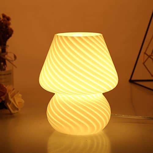 Bsod Mushroom Lamp,Glass Table Bedside Lamps Translucent Murano Vintage Style Striped Small Night Mushroom Decor Light Swirl For Ambient,Kids,Bedroom,Living,Girl Gift (Stripe White) #TOP5