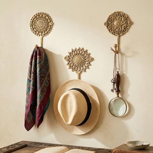 IndianShelf 3 Handmade Boho Brass Decorative Wall Hooks, Vintage ...