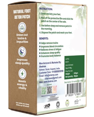 Image of Shatras Herbal Foot Patch for Detox & Relaxation | Overnight Foot Pads for Tired Feet | Natural Ingredients for Sleep Aid, Pain Relief, Toxin Removal with Bamboo Vinegar Foot Patches with Adhesive Sheets-20 Pieces (PACK OF-1) | Detox & Relaxation, Overnight Foot Pads, Bamboo Vinegar, Natural Ingredients for Sleep Aid & Pain Relief