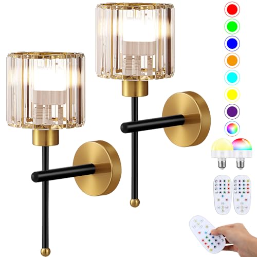 Image of Retisee 2 Set Modern Battery Operated Glass Crystal Wall Sconces Wireless Rechargeable Wall Light with Remote 12 Colors Dimmable Crystal Sconce Lamp for Bedroom Porch Bulbs Included Black Rod