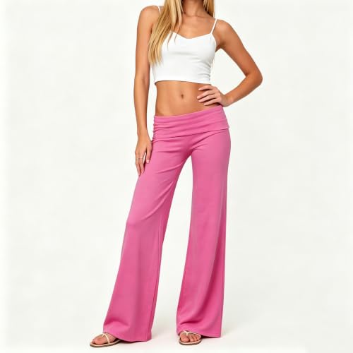 Image of Lounge Yoga Pants for Women Fold Over Low Waist Wide Leg Bell Bottoms