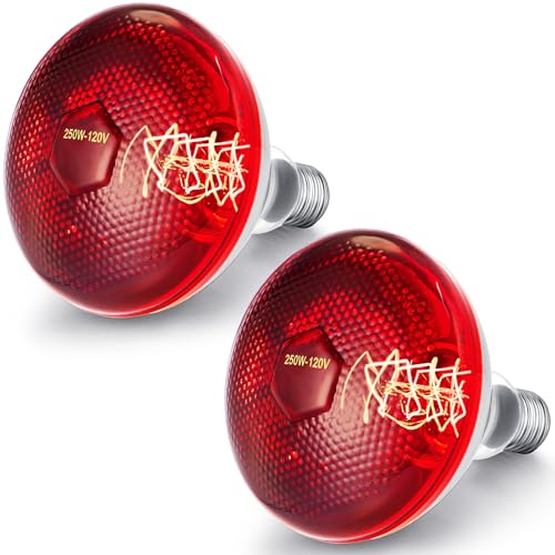 Image of VIHOSE 2 Pack Infrared Heat Lamp for Chickens 250watt 120v Thickened Red Heat Lamp Bulbs for Food Service, Reptile, Pet, Bathroom, Light Therapy Use E26 Base