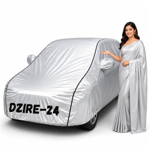 Image of Waterproof Car Body Cover for Dzire 2017-24 All Weather Protection Comes with Inner Cotton Lining & Triple Stitched with Mirror & Antenna Pocket Belt & Elastic Fit Metallic Silver with Black Piping