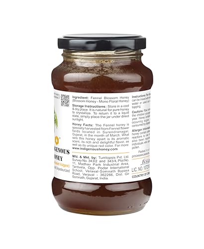 Image of INDIGENOUS HONEY Fennel Saunf Honey Raw Organic Natural Pure Unprocessed NMR Tested Unpasteurized Unheated 530g Glass Jar Pack of 1 | Natural Sweetener No Added Sugar Unfiltered Unprocessed Honey Pack of 1