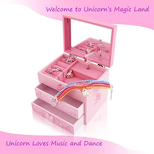 ZOOWING Kids Musical Wooden Jewelry Storage Box Gifts with Unicorn/Princess Ballerina Jewelry Sets-Unicorn4