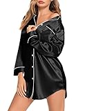 SWOMOG Women's Satin Sleep Shirt Long Sleeve Sleepwear Silk Nightshirt Button Down Pajama Top Black