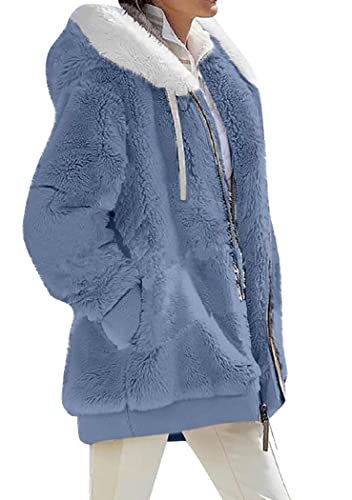 OMZIN Mujeres Invierno Básico Zip Felpa Plus Size Casual Abrigo Caliente Sólido Color Suelto Azul Puro 3XL