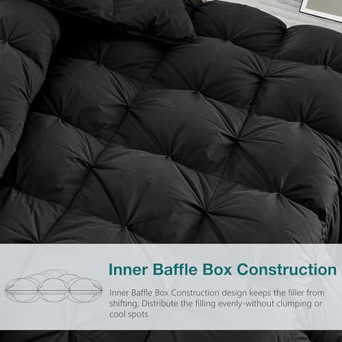 Image of KAKABELL Pinch Pleat Goose Down Feather Comforter, Queen Size, All Season, Black, 90 inchx90 inch, 100% Cotton Cover