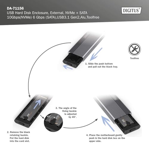 Digitus Alloggiamento Esterno M.2 - Usb 3.1 Gen2 Type-C - Fino A 10 Gbit/S - Supporta Ssd Sata E Nvme Fino A 8 Tb - Per Ssd 2230/2242/2260/2280 - Senza Attrezzi - Alloggiamento In Alluminio - Grigio - 5