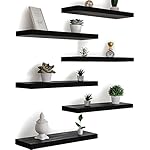 Wood Floating Shelves for Wall, Wooden Wall Shelves for Bedroom, Wall Mounted Shelves for Living Room, Set of 6 Black