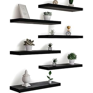 Wood Floating Shelves for Wall, Wooden Wall Shelves for Bedroom, Wall Mounted Shelves for Living Room, Set of 6 Black